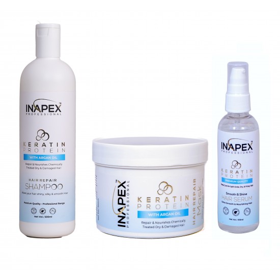 INAPEX Professional Keratin Shampoo & Mask 500Ml Each and Serum 100ml Combo Set 